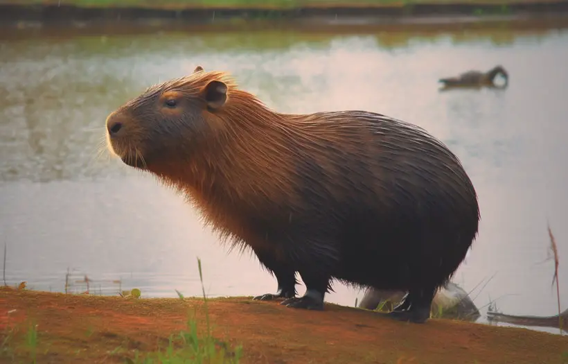 Capybara sitting in a grassy area